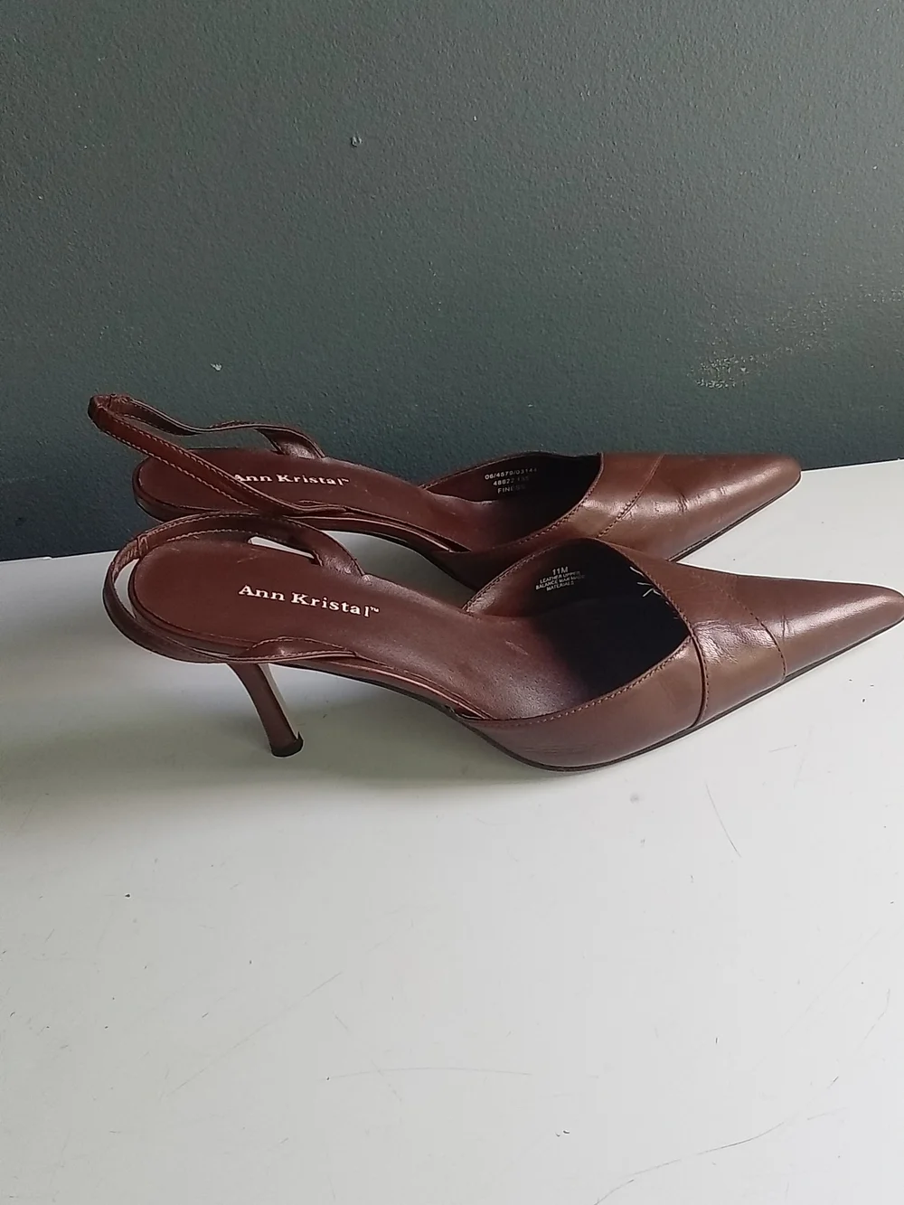 Ann Kristal Finesse Brown Leather Pointed Toe Slingback Stiletto Heels 11M